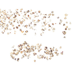 Purple pop corn fly explosion, purple snack organic pop corn float explode, abstract cloud fly. Purple popcorn organic food splash throwing in Air. White background Isolated