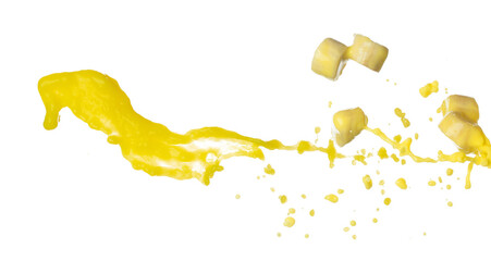 Banana juice flying fall down, yellow banana chopped slice juice wave explode. Yellow paint color splash throwing in Air. White background Isolated high speed shutter, throwing freeze stop motion