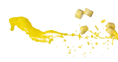 Banana juice flying fall down, yellow banana chopped slice juice wave explode. Yellow paint color splash throwing in Air. White background Isolated high speed shutter, throwing freeze stop motion