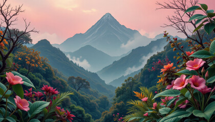 Peaceful mountain landscape with colorful flowers and misty valleys under soft pink sky creating serene and inspiring atmosphere