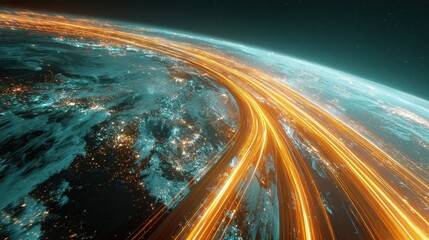 Global investment pathways visualized as glowing highways across Earth, futuristic realism, teal orange palette, 3D render, finance concept