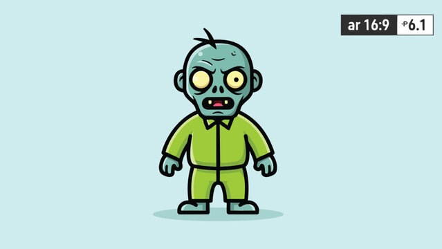 Cartoon Zombie Character Illustration with Green Outfit and Yellow Eyes.