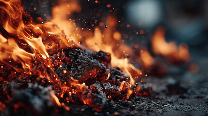burning charcoal with visible flames and glowing embers.