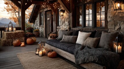 Cozy rustic autumn porch scene with pumpkins hay bales and warm lighting