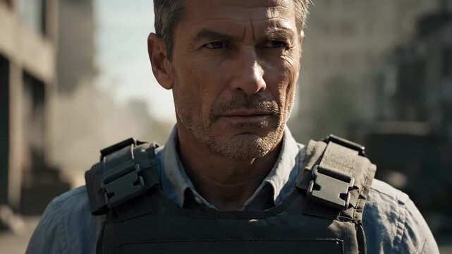 Middle age reporter in urban environment, focused posture. Man wears protective reporter  bulletproof vest, serious expression suggests dangerous assignment, city street backdrop.