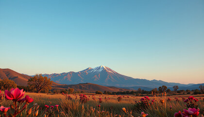 Snow capped mountain with clear blue sky and vibrant red flowers in foreground during golden hour light
