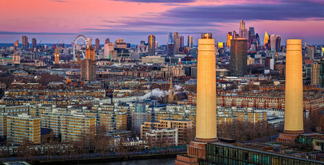 Aerial twilight panorama of Battersea Power Station redevelopment, London UK