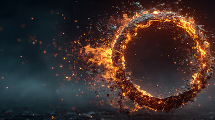 fiery glowing ring with sparks, burning and glowing particles suspended around it.