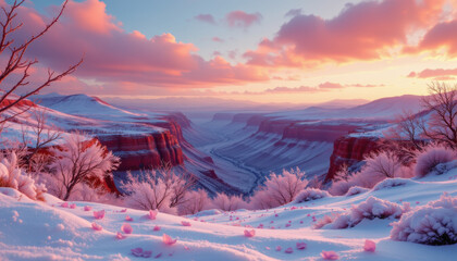 Snowy mountain valley with pink flowers and colorful clouds at sunrise, creating peaceful and magical winter landscape