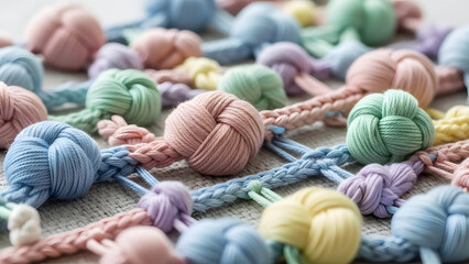 Artistic pastel yarn knots and handcrafted textile art