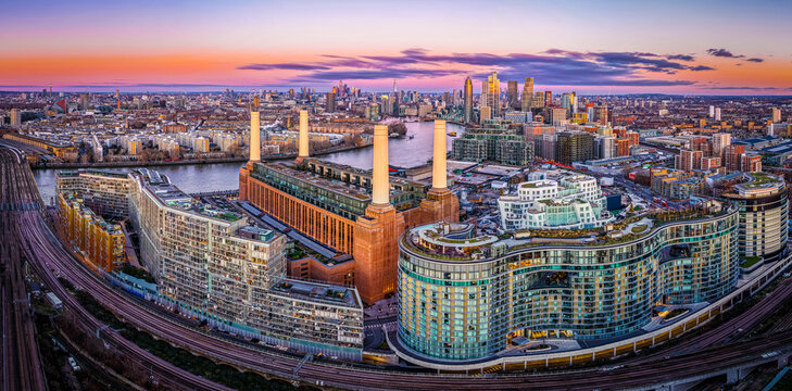 Aerial twilight panorama of Battersea Power Station redevelopment, London UK