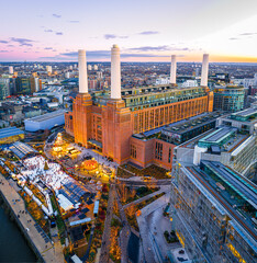 Christmas at Battersea Power Station panorama on River Thames, London UK
