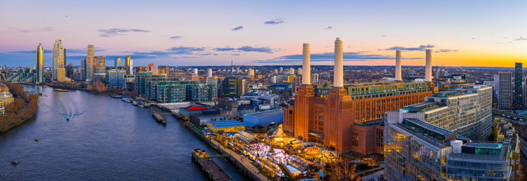 Christmas at Battersea Power Station panorama on River Thames, London UK