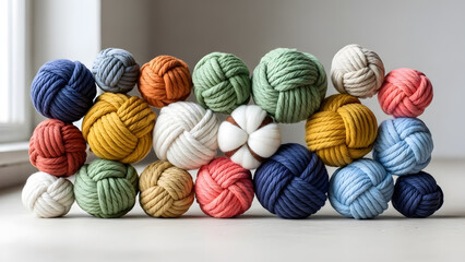  Abstract fiber art with colorful yarn knots in clean composition