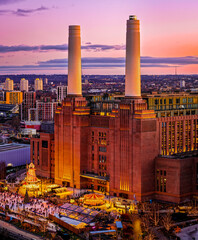 Battersea Power Station Christmas lights at dusk, London River Thames UK