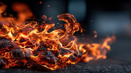 glowing embers and flames on a dark, charred surface.