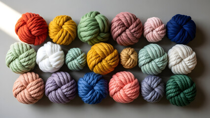  Abstract fiber art with colorful yarn knots in clean composition