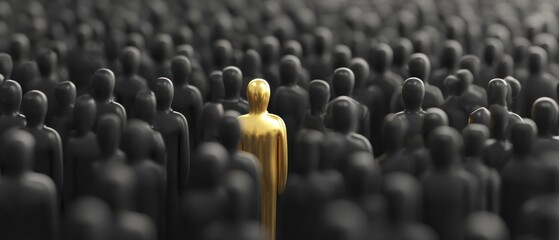 Fototapeta premium A single golden figurine stands out among a crowd of black silhouettes.