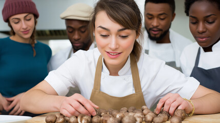 Young woman in a white chef's coat is focused on preparing fresh mushrooms with a group of diverse individuals in a collaborative kitchen cooking experience