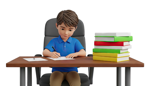 Boy studying at desk with stack of books - Powered by Adobe
