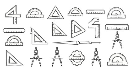 Collection of Drafting and Measuring Tools Hand Drawn Sketch Style.