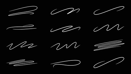 Collection of Hand Drawn White Scribble Lines and Swirls on Black Background.