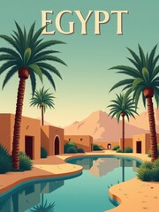 The scene shows a desert landscape with palm trees along a waterway. Buildings made of earth tone materials are nearby. The mountains are visible in the background under a clear sky.