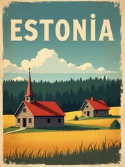 Two wooden houses with red roofs sit in a field with green grass and trees in the background. A church with a tall spire stands nearby under a blue sky filled with clouds.