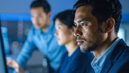 Focused business professionals analyzing data on computer screens in a technology-driven environment