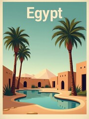 Palm trees surround a pool in a desert setting in Egypt. Simple buildings blend with the landscape under a clear sky. Mountains are in the background, showing the natural beauty of the area.