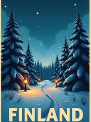 Snow covers tall trees in Finland. Lanterns shine along a path that winds through a wooded area. The sky is dark with stars. The scene shows a quiet, cold winter night in nature.