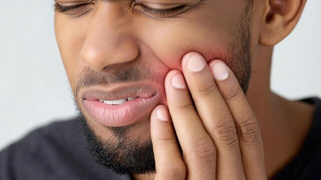A man clutches his jaw in pain, with a red highlight indicating discomfort in his cheek.