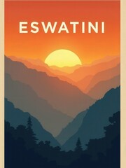 The scene shows a sunset casting bright colors over mountain ranges in Eswatini. Dark silhouettes of trees are at the forefront. The sun hangs low in the sky.