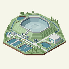 Obraz premium Isometric Illustration of a Water Treatment Plant and Reservoir.