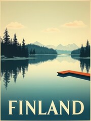 A lake reflects mountains and trees under a clear sky in Finland. A wooden dock extends from the edge of the lake towards the calm water. The scene shows nature and serenity at midday.