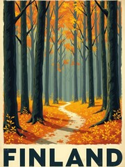 A winding path leads through a forest in Finland filled with tall trees. The ground is covered in orange leaves. It is autumn, and the scenery shows the beauty of nature.