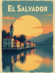 The scene shows houses lining the lakeshore with a large sun setting behind mountains. Trees surround the area, adding to the view of El Salvador.