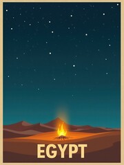 A campfire burns brightly on sandy ground surrounded by mountains. A clear night sky is filled with stars above. This scene captures the beauty of nature at night in Egypt.