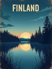 The scene shows a sunset by a calm lake surrounded by tall trees. The water reflects the colors of the sky and the sun. This setting captures the beauty of nature in Finland.