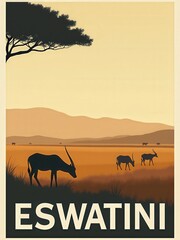 The scene shows a grassy plain in Eswatini during sunset. Various animals are grazing peacefully while a large tree stands in the foreground under a clear sky.