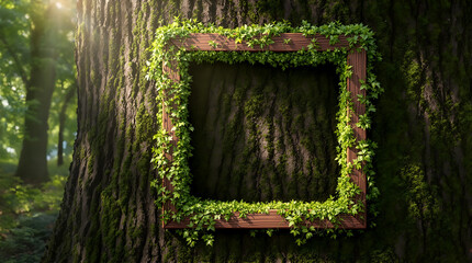 Realistic Natural Wooden Square Frame Mockup with Ivy on Tree Trunk