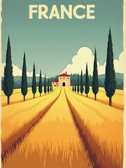 A house stands at the end of a path surrounded by tall trees and golden fields. The sky is blue with clouds. This scene represents the rural landscape in France during daytime.
