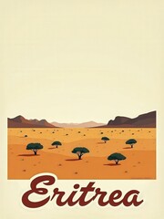 A wide desert landscape in Eritrea features scattered trees and distant mountains under a clear sky. The dry ground shows shades of orange and brown, capturing the essence of the region.