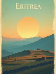 The scene shows rolling hills and mountains in Eritrea with a large sun rising or setting in the background. Simple stone structures are visible in the foreground, marking the land.
