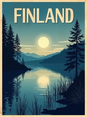 The scene shows a calm lake surrounded by trees and mountains. The sun sets behind the hills, reflecting light on the waters surface. The setting has a natural and scenic look.