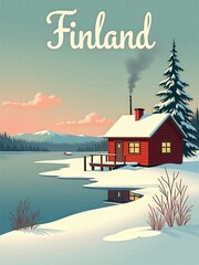 A red wooden cabin sits by a frozen lake surrounded by snow-covered land in Finland. Mountains are visible in the background with trees lining the shore. Smoke rises from the cabins chimney.