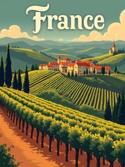 A scenic view features rolling hills covered with rows of grapevines. A village with red-roofed buildings rests among the green landscape under a clear sky in France.