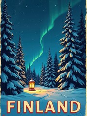 A snowy forest in Finland has tall trees with snow-covered branches. A warm lantern lights a path through the snow. The northern lights fill the sky with green colors. This scene shows winter beauty.