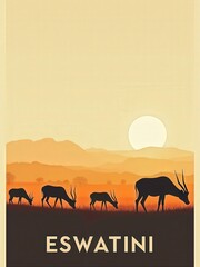 Antelopes move across a grassy area in Eswatini during sunset. The sky is orange and the sun is low on the horizon. Hills are visible in the background.