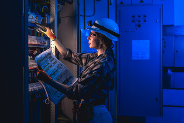 Woman electrician checks blueprint and panel on night shift. Smart engineering.